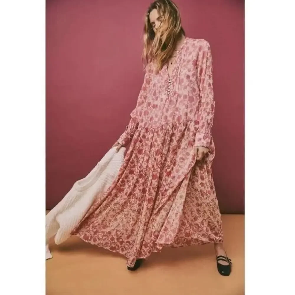 Free People XL Dainty Ethereal See It Through Maxi Dress Pink Rose Floral